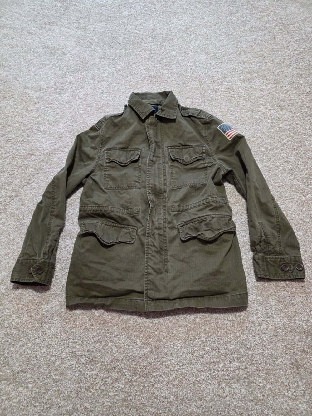 Polo Ralph Lauren Youth Military Green Field Jacket USA Flag Patch Sz M (10-12)